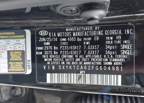 2015 Kia Sorento Lx from USA, damaged, VIN 5XYKTCA62FG604981